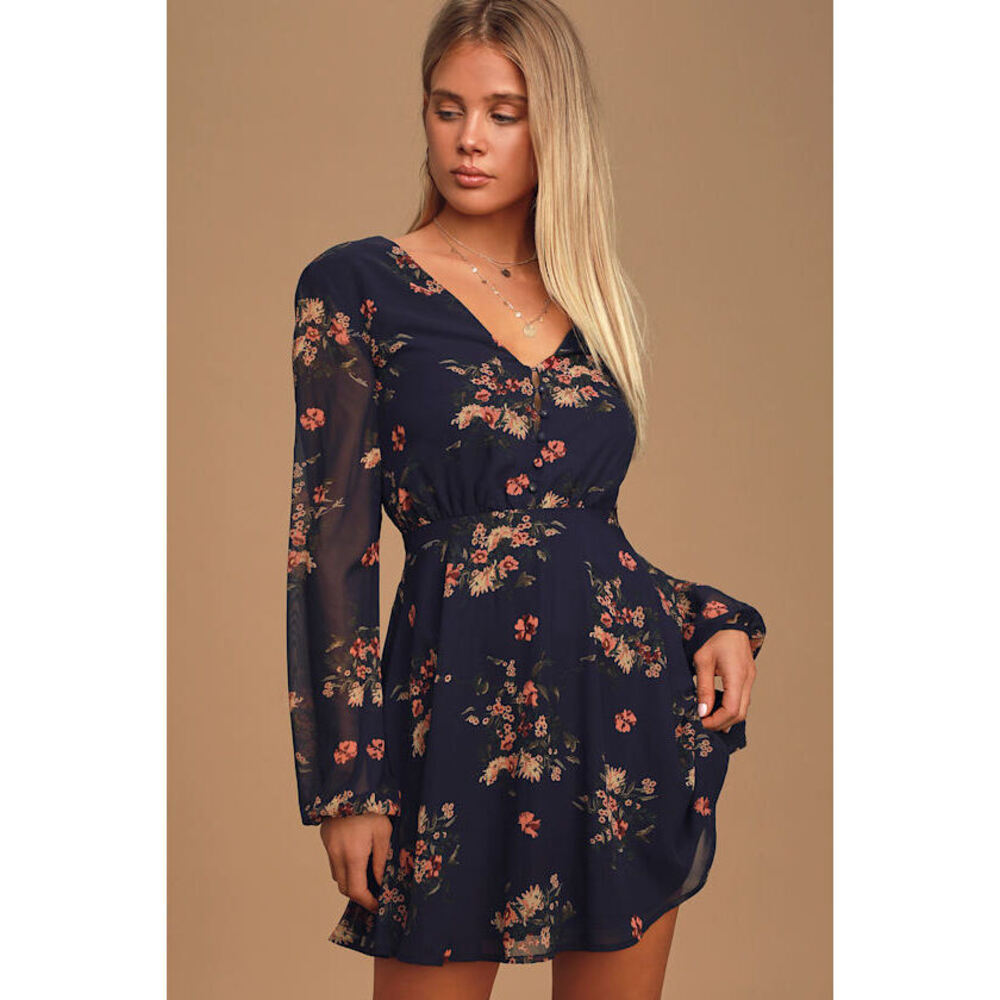 Lulus Always Yours Navy Blue Floral Print Long Sleeve Skater Dress - Size L
